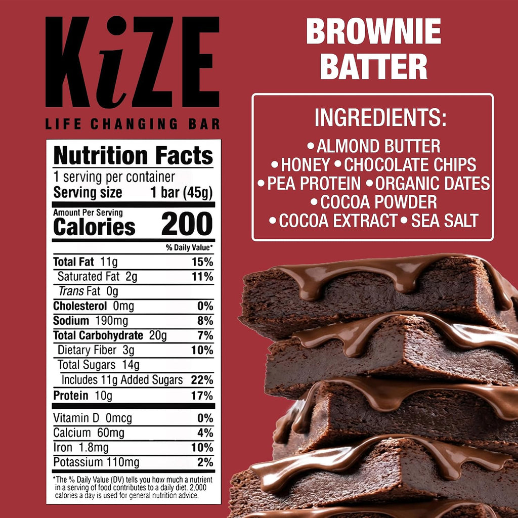 KiZE Energy Bars - Brownie Batter - 20-Count - Almond-Butter-Based, Gluten Free, Dairy Free, Non-GMO, and High Protein Meal Replacement Energy Bars, Clean and Simple Food Ingredients - 10g High Protein Snacks (20 Count)