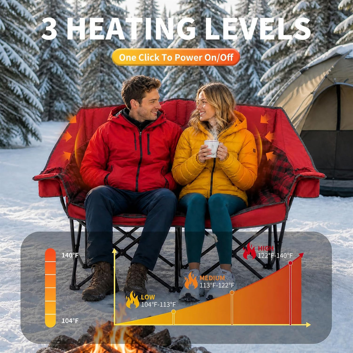 Heated Padded Double Camping Chair with 2 in 1 Carry Bag, 900LBS