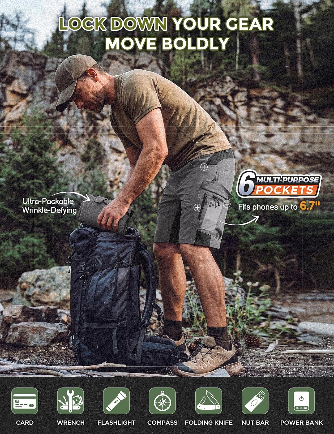 XKTTAC Men's Hiking Cargo Shorts: 4-Way Stretch with 6 Secure Pockets