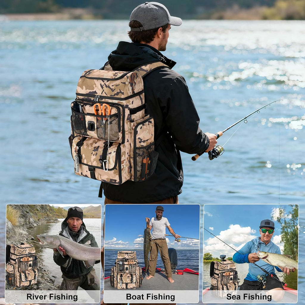 VJI 52L Large Fishing Tackle Backpack with Rod Holders, Khaki Camo