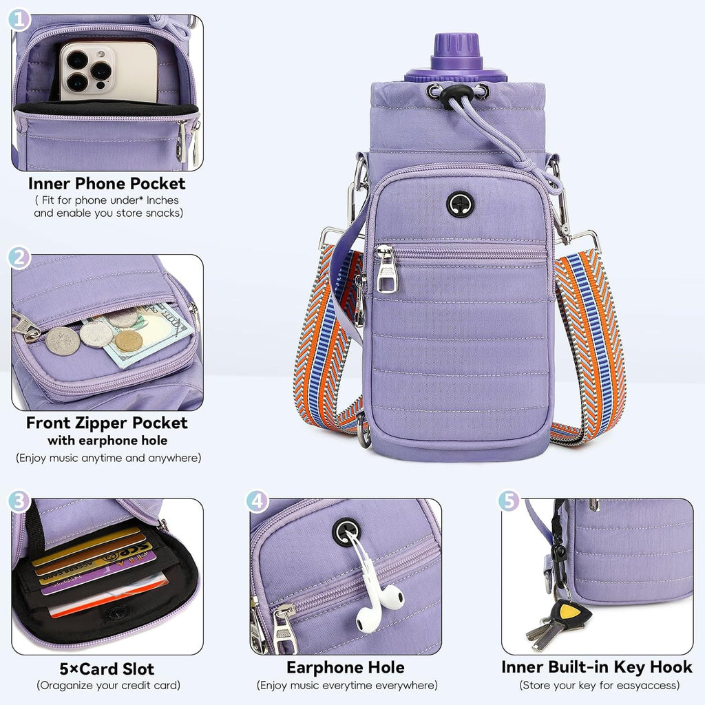 Water Bottle Carrier Bag with Strap Phone Pocket for Walking, Hiking, Cycling