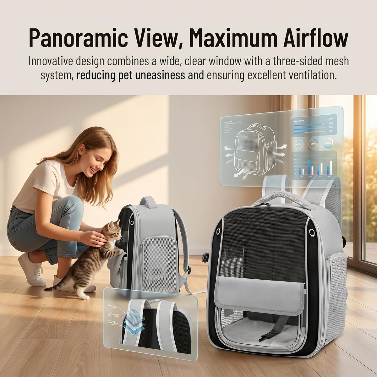 Pet Carrier Backpack for Cats and Small Dogs, Transparent PC Window, Breathable Mesh Sides, Front Pocket, Comfortable Padded Straps