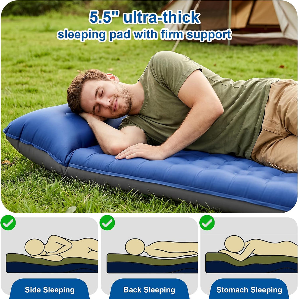 Camping Sleeping Pad 5.5" Thick with Pillow & Built-in Foot Pump