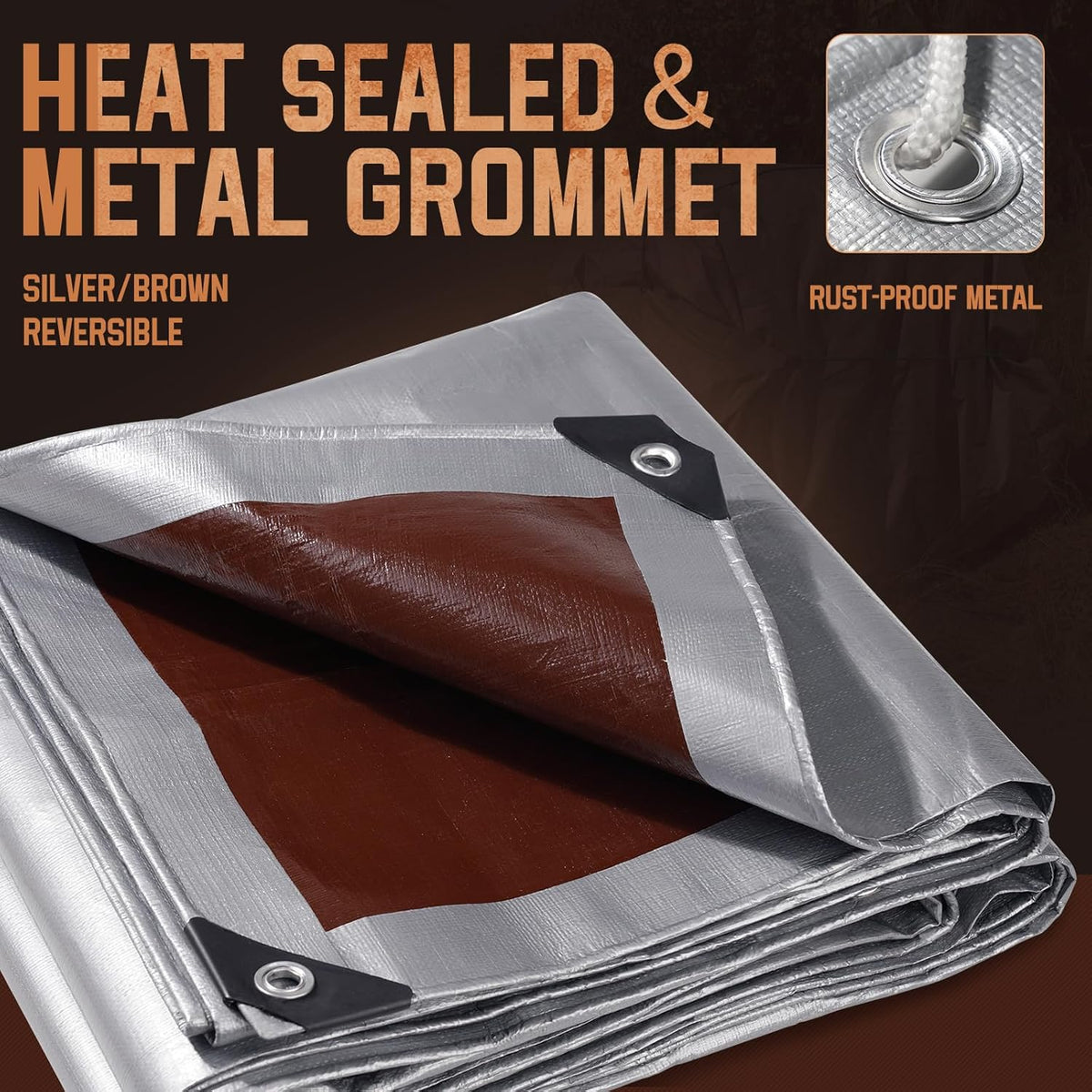 Tarp Heavy Duty 15x15 FT, 12 Mil Thick Large Tarps Water-Proof with Grommets, UV& Tear Resistant, Plastic Cover for Pool Roof Tent Outdoor Firewood, Silver& Brown