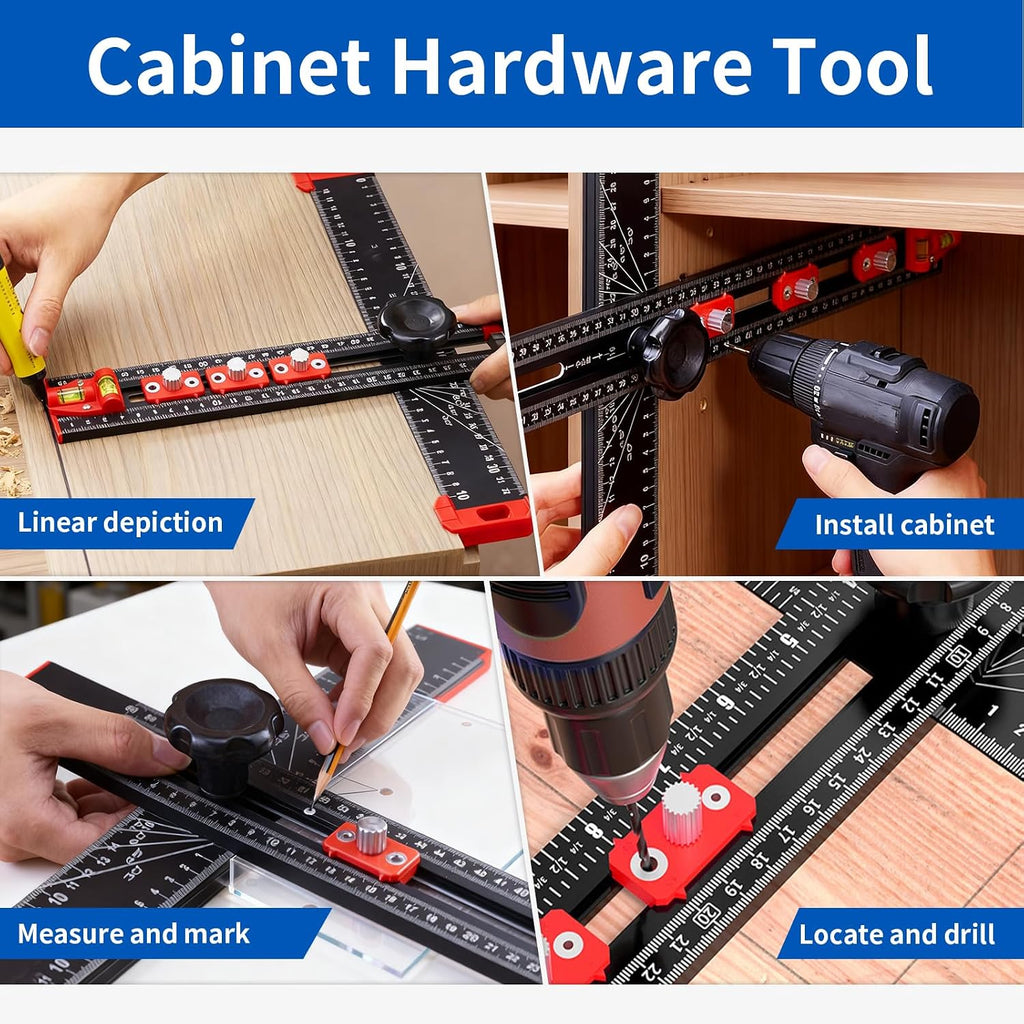 4-in-1 Drilling Positioning Ruler, Multi-Function T-Square，Adjustable 14 inches/35 cm, Woodworking Marking Tool, Cabinet Hole Drilling Template for Precise Drilling Angle Measurement and Marking