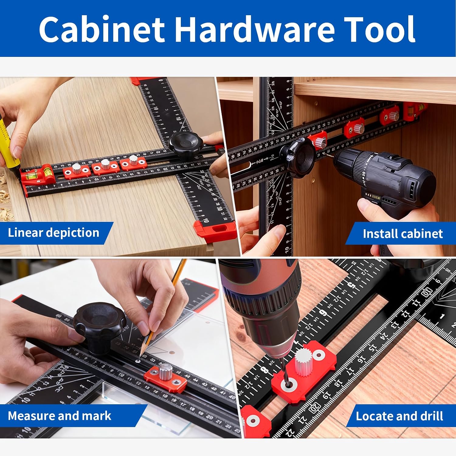 4-in-1 Drilling Positioning Ruler, Multi-Function T-Square，Adjustable 14 inches/35 cm, Woodworking Marking Tool, Cabinet Hole Drilling Template for Precise Drilling Angle Measurement and Marking