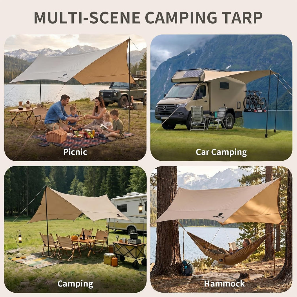 Camping Tarp with Poles & Retainer, 14.5x11FT PU9000mm Waterproof 210D Oxford Cloth Camping Awning, UV Blocking Rate 99.99% Camping Canopy Tent Tarp for Outdoor, Hammock, Car, Picnic (Khaki)