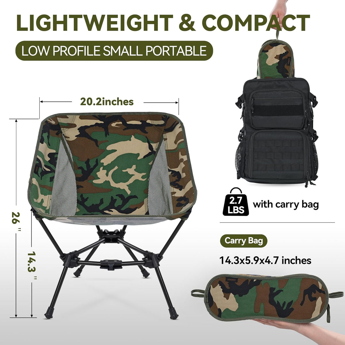 MARCHWAY Lightweight Folding Camping Chair, Portable Foldable Compact for Outdoor Camp, Travel, Beach, Picnic, Festival, Hiking, Backpacking, Supports 330Lbs (Camo)