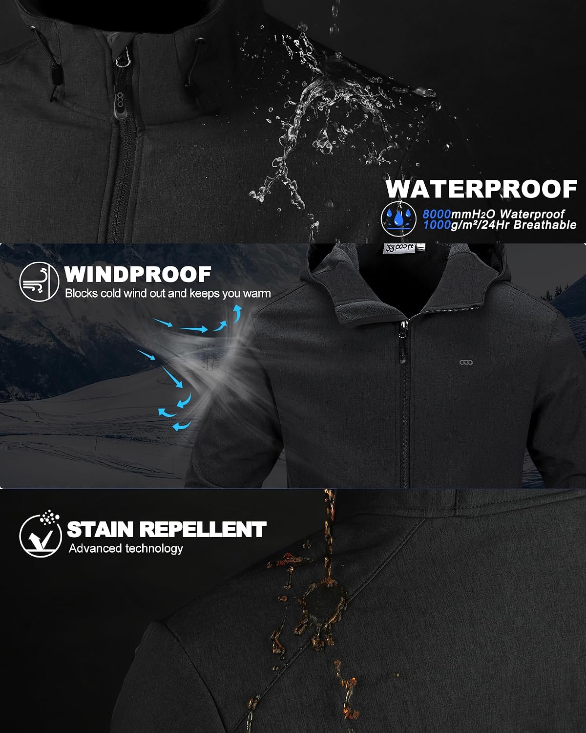 33,000ft Men's Hooded Fleece Lined Rain Shell Jacket Waterproof Lightweight