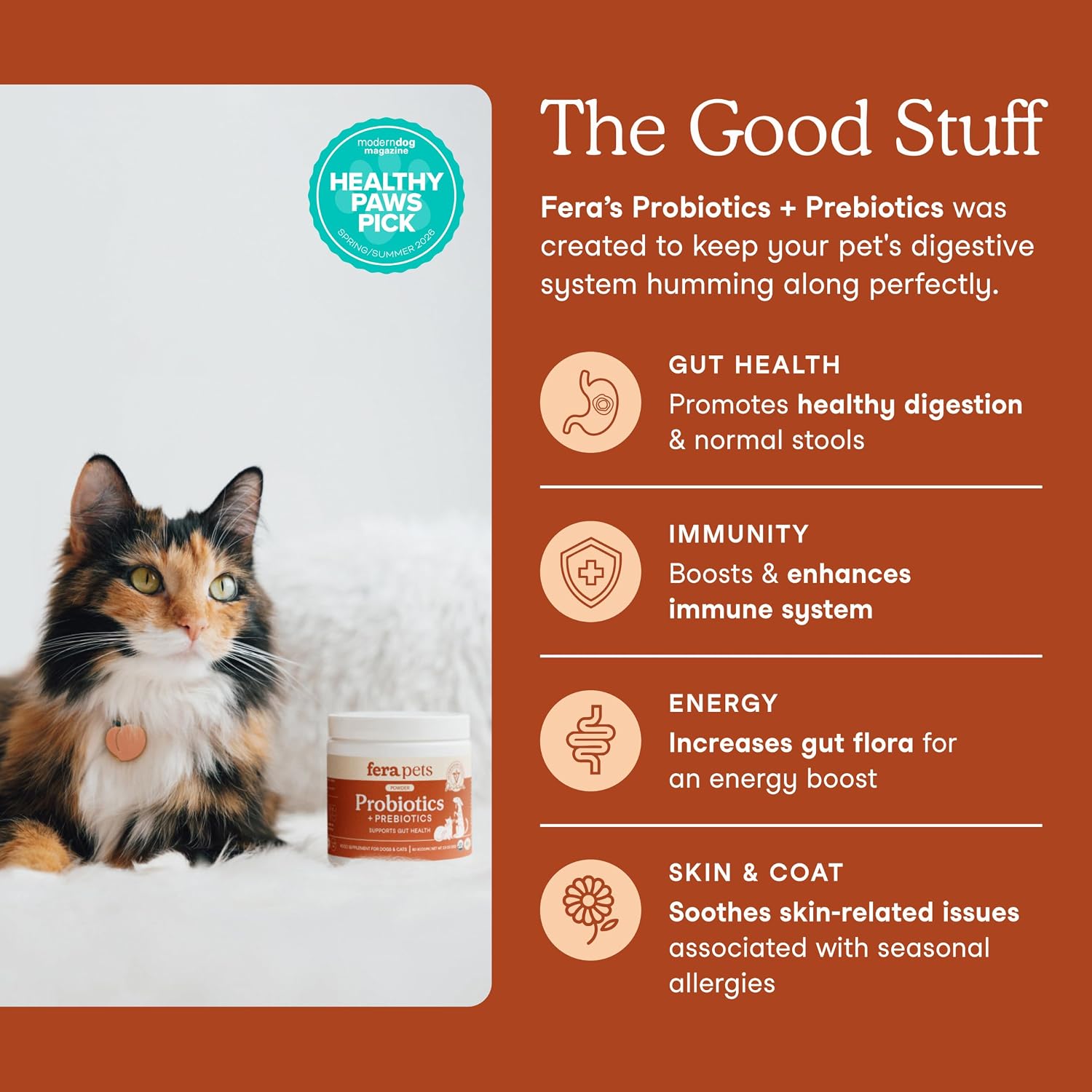 Fera Pets Organic Probiotics for Dogs & Cats with Prebiotics, 60 Scoops