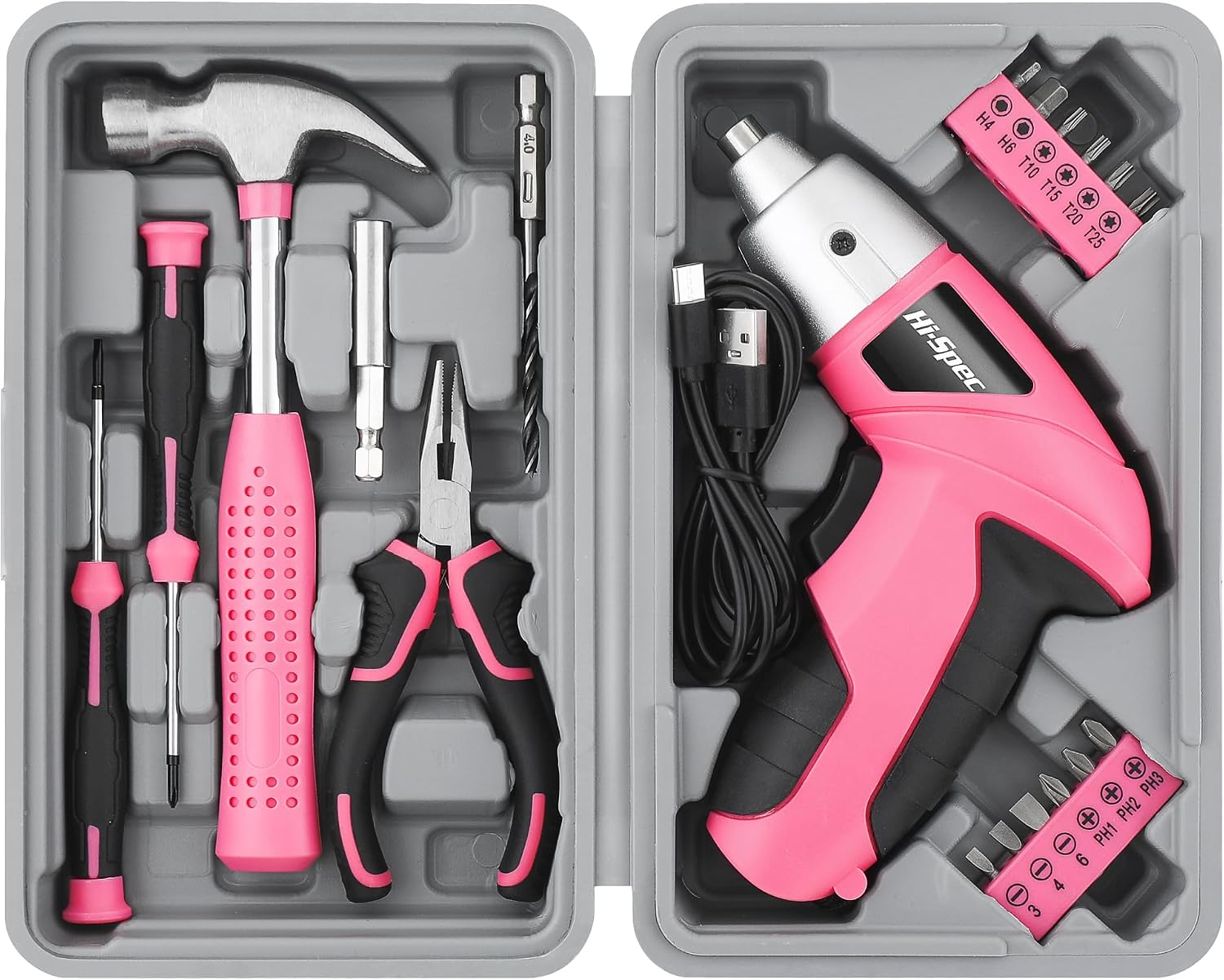 Hi-Spec 3.6V Cordless Electric Screwdriver and Tool Kit for DIY, Pink