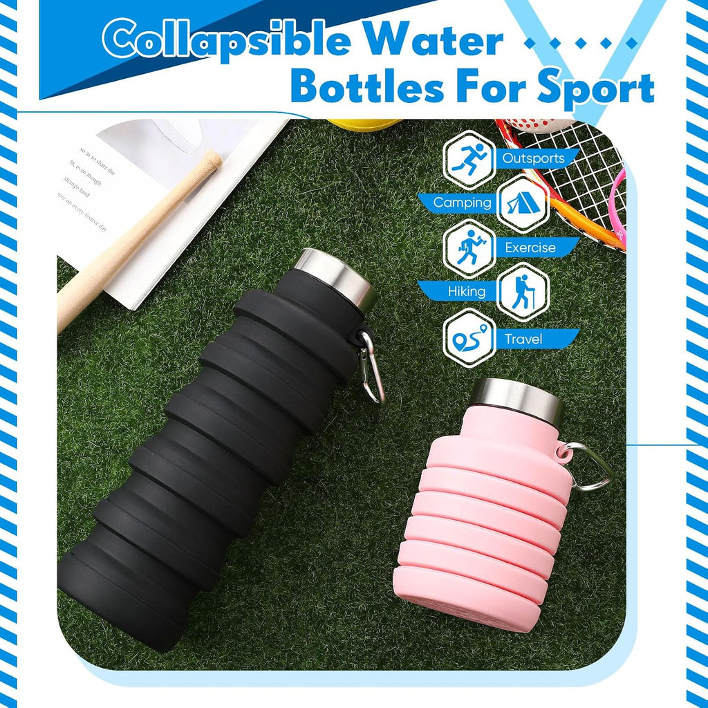 Baderke 2 Pcs Collapsible Water Bottles, 17oz, Pink, Black