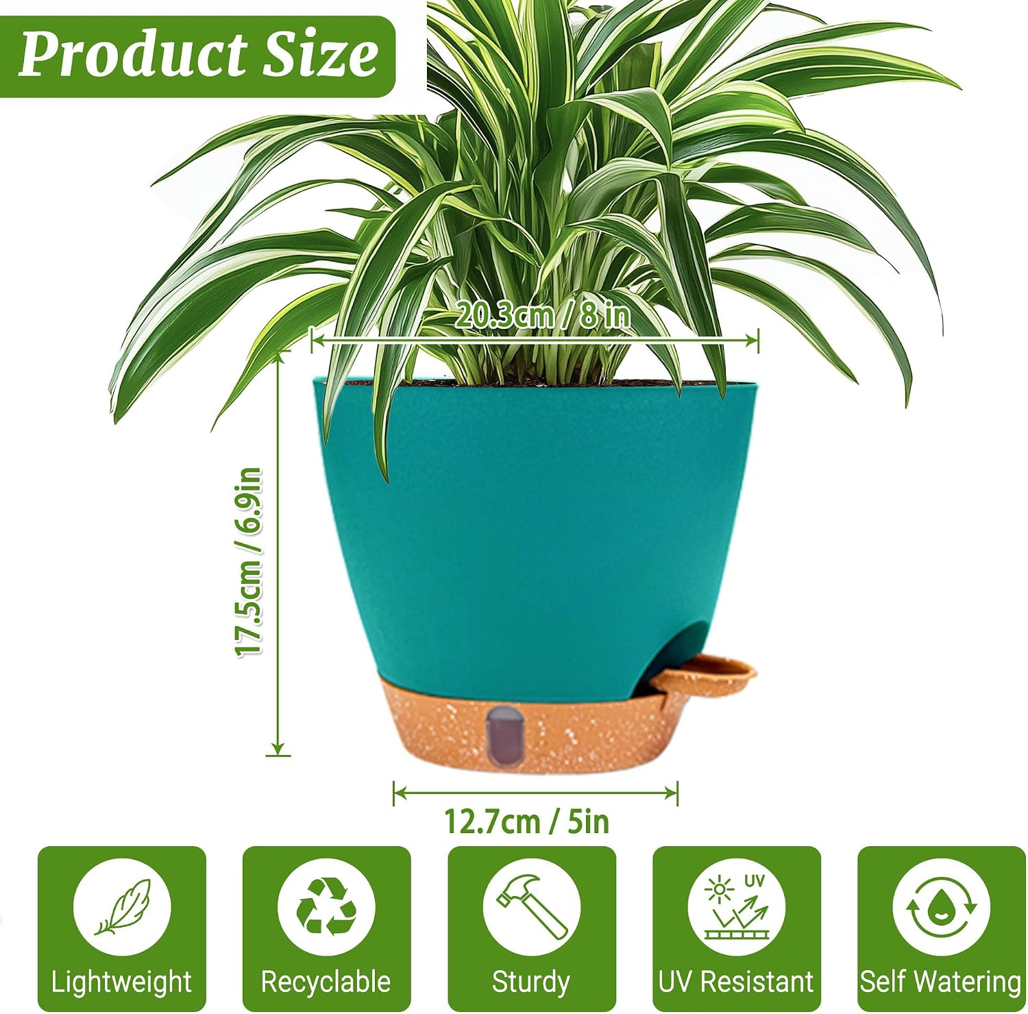 2 Pack 8 inch Plant Pots, Plastic Self Watering Planters