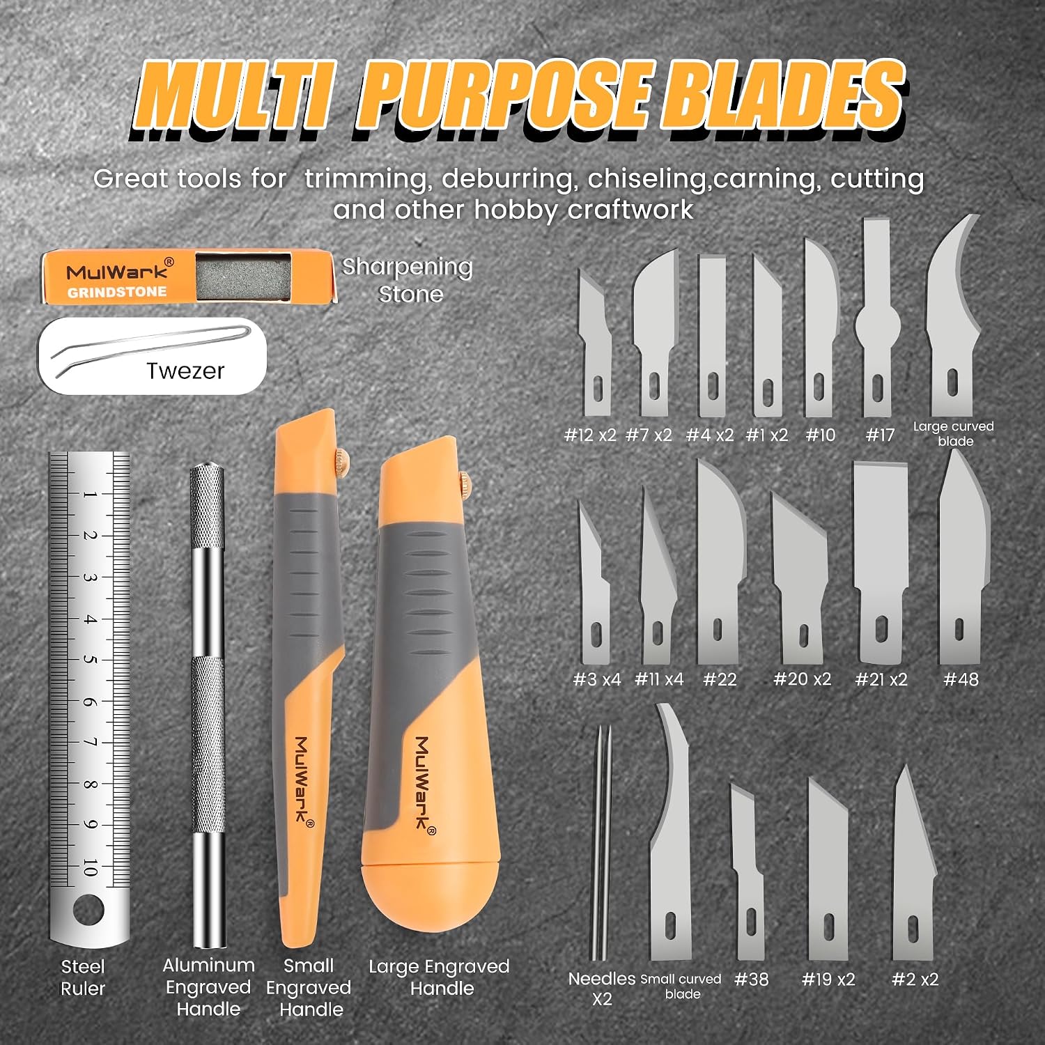 MulWark 41-Piece Precision Hobby Knife Set - Exacto Knife Set For Modeling - Craft Knife Handle Customized With Chiseling, Stencil Edge And Fine Point Blades With Sharpening Stone And Steel Ruler