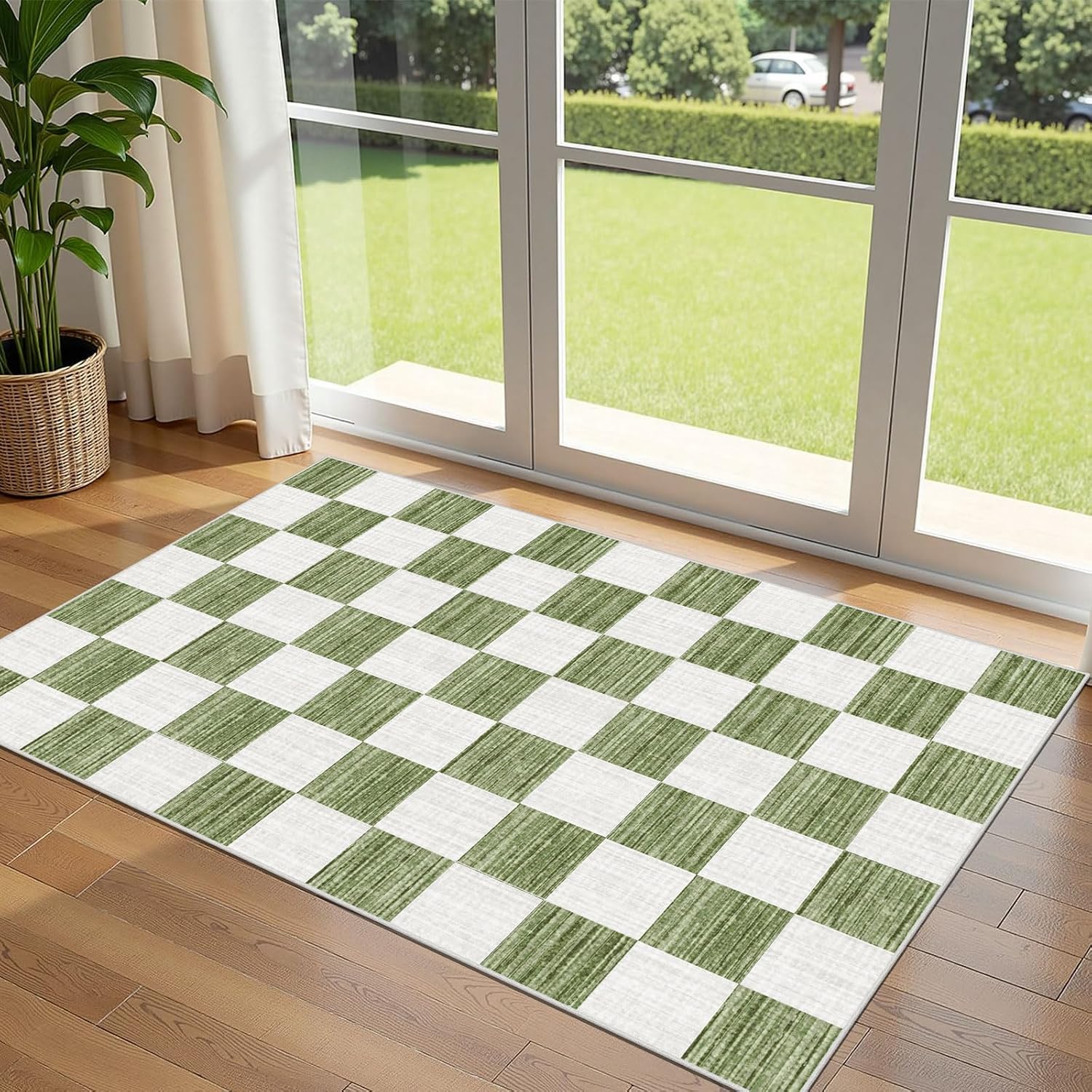 Green White Checkered Entry Rug - 3x5 Non-Slip Indoor Outdoor Rugs