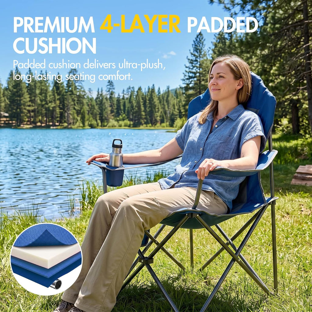 EVER ADVANCED Folding Camping Chair with High Back Padded 2 Pack Oversized Portable Lawn Chairs Lightweight Sturdy Steel Foldable Outdoor Camp Chair for Adults,Grey