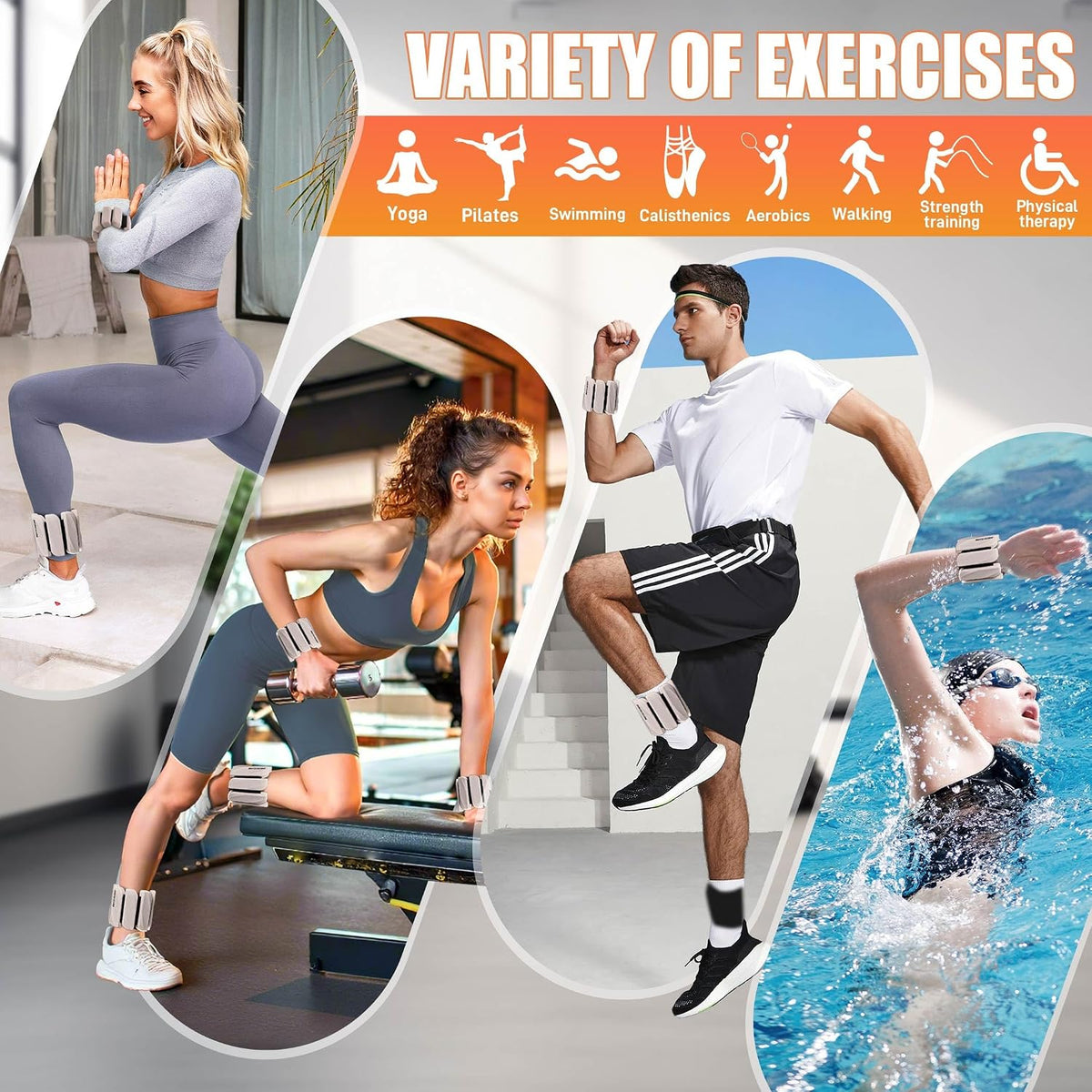 BECOJADDE Ankle Weights for Women Set of 2 (1 lb / 2 lb Each), Adjustable Weighted Wrist Weight for Pilates Walking, Arm & Leg Training