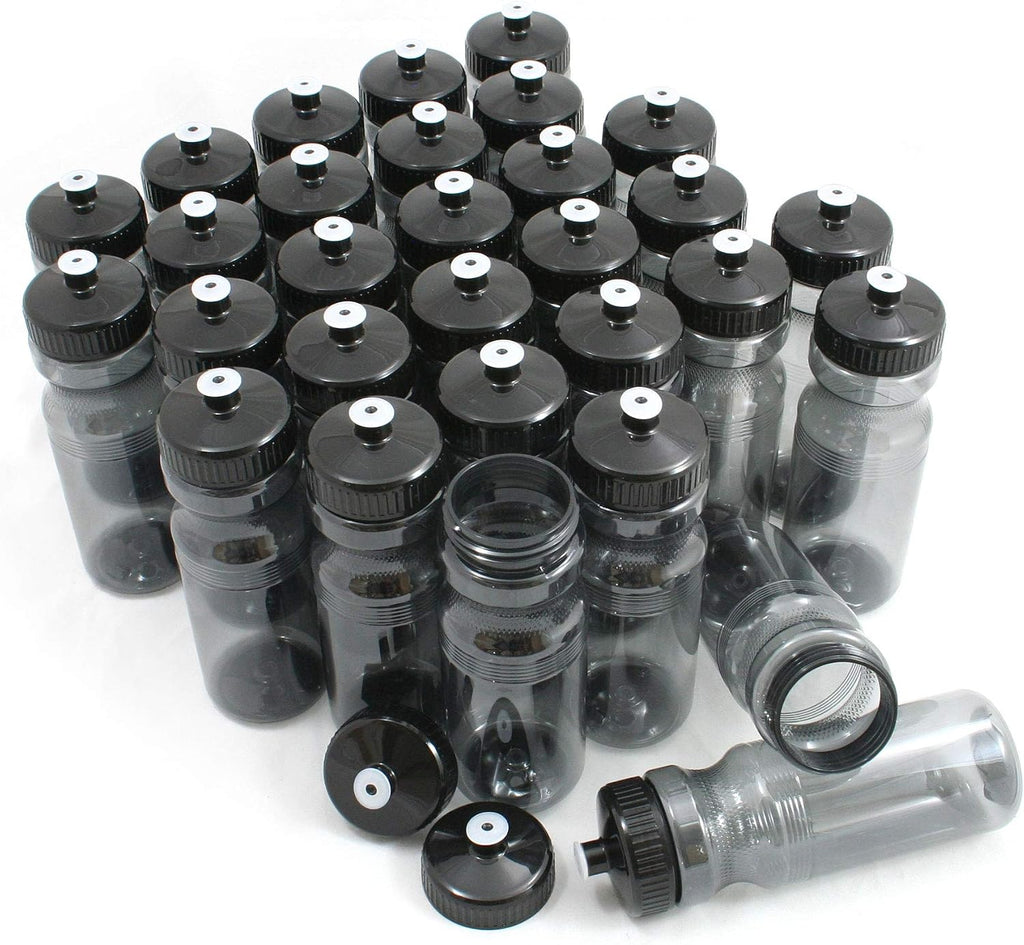 Rolling Sands Reusable Bulk Water Bottles 30 Pack - 24 Oz Sports Water Bottles, USA Made, BPA-Free, Wide Mouth for Easy Cleaning, Break Resistant - Translucent Charcoal Bottle/Charcoal Lid