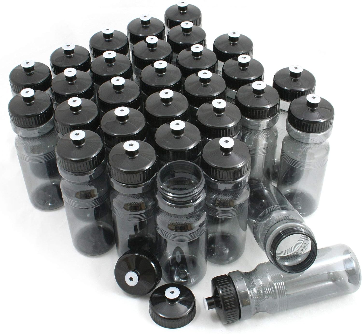 Rolling Sands Reusable Bulk Water Bottles 30 Pack - 24 Oz Sports Water Bottles, USA Made, BPA-Free, Wide Mouth for Easy Cleaning, Break Resistant - Translucent Charcoal Bottle/Charcoal Lid