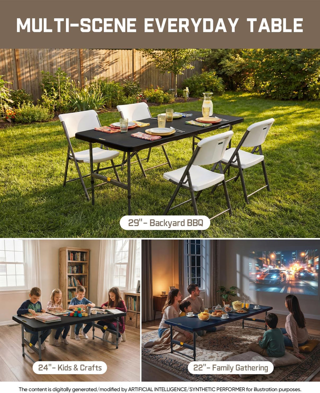 FanttikOutdoor Folding Table Plastic 6ft Quick Adjust 3-Height Picnic Party