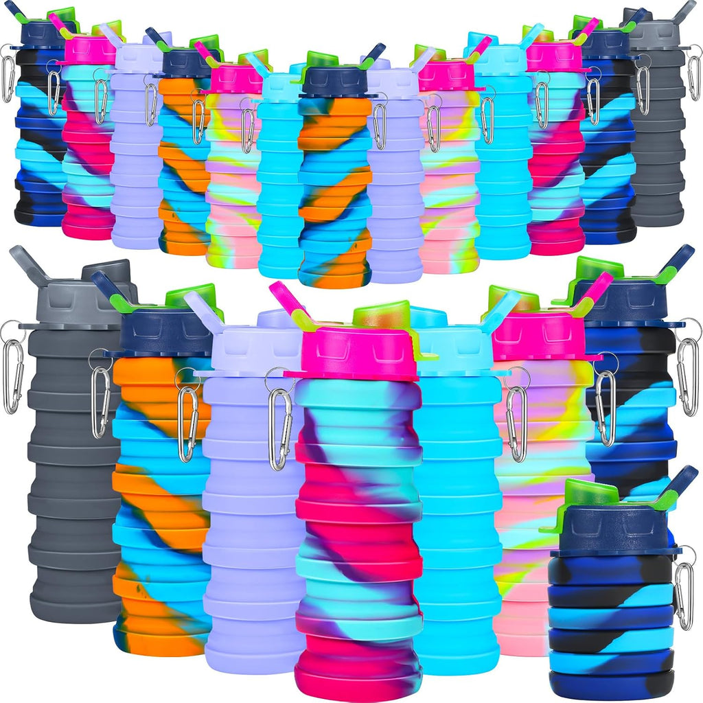 Sunnyray 20 Pack Collapsible Water Bottles Bulk Foldable Water Bottles 17oz Silicone Portable Leak Proof Reusable Sports with Clip for Travel Hiking Camping Outdoor (Camouflage)