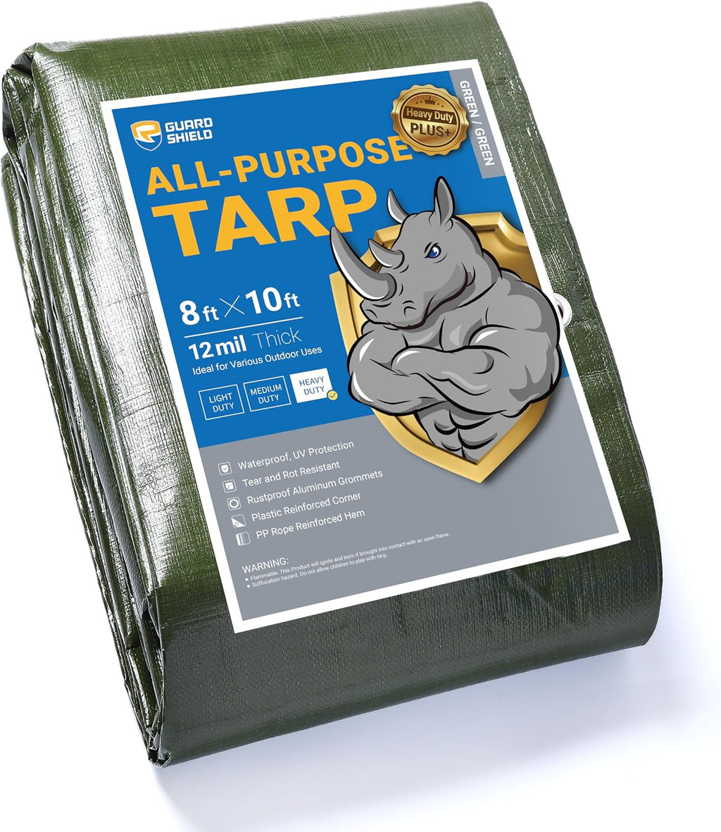 GUARD SHIELD Tarps Heavy Duty Waterproof Green Plus+ 8x10 FT Large 12 mil