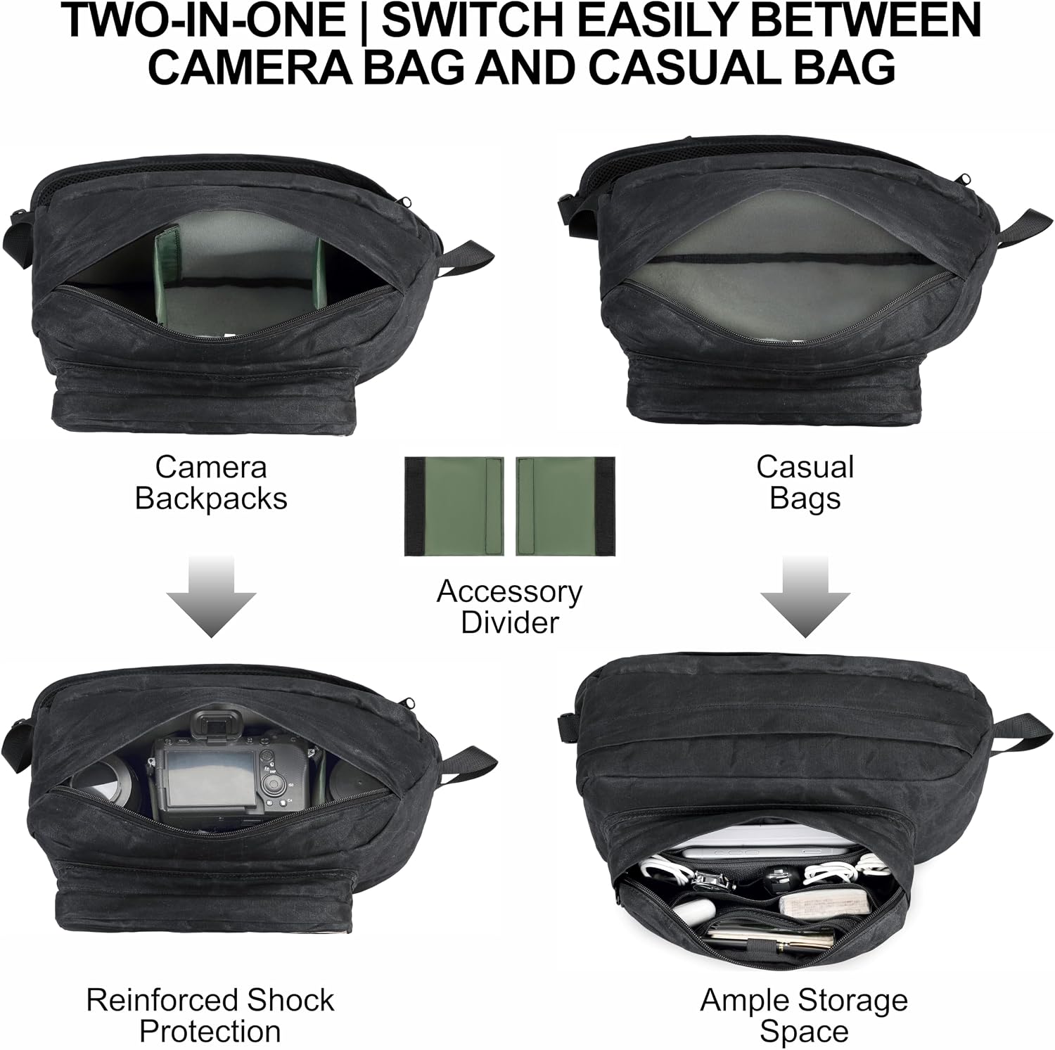 Padwa Lifestyle Black Crossbody Camera Bag - Waxed Memory Canvas Compact Camera Sling and Crossbody Bag with Fast Access,Versatile Lightweight Everyday Bag Great for Photographers Travel,Photography