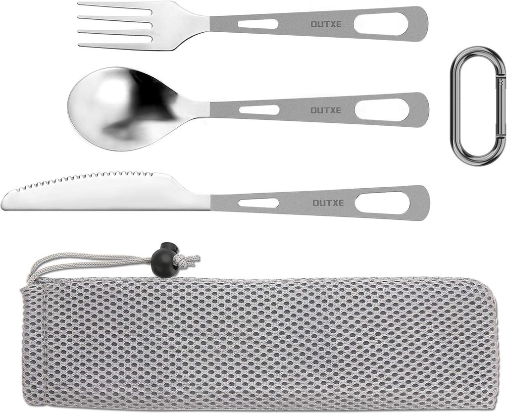 OUTXE Titanium Flatware Knife Fork Spoon Set Lightweight Ti Camping Utility Cutlery Set with Carrying Bag for Traveling Picnic Hiking
