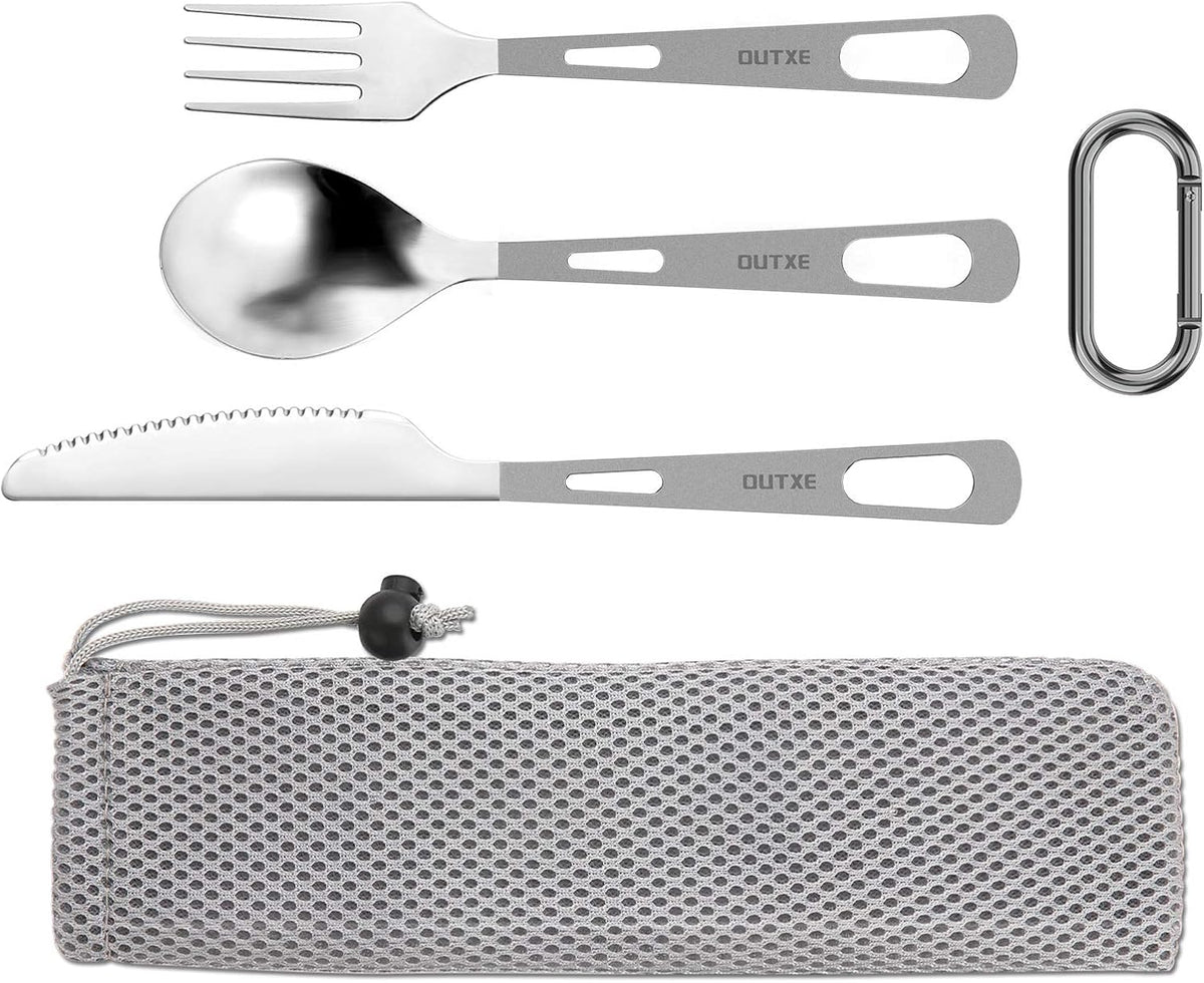 OUTXE Titanium Flatware Knife Fork Spoon Set Lightweight Ti Camping Utility Cutlery Set with Carrying Bag for Traveling Picnic Hiking