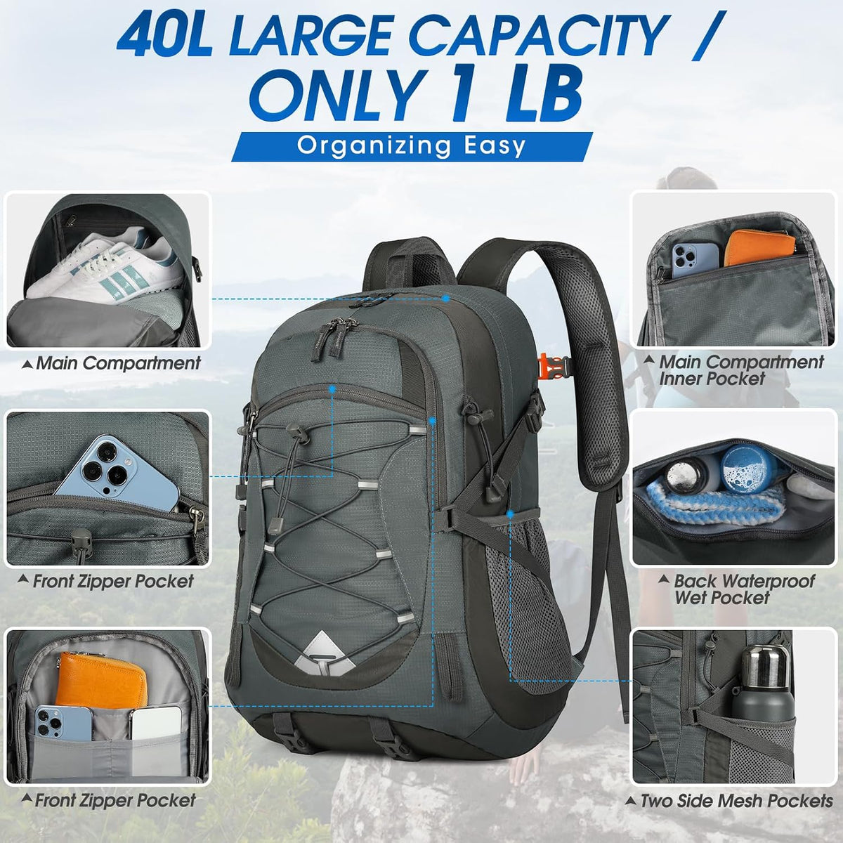 IGOLUMON Hiking Backpack 40L Packable Lightweight Camping Daypack Men Women