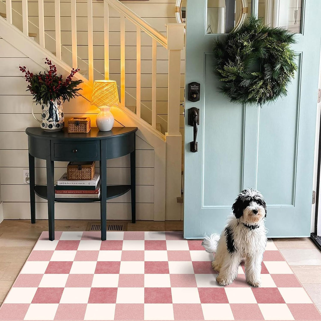 Pink White Checkered Entry Rug - 3x5 Non-Slip Indoor Outdoor Rugs