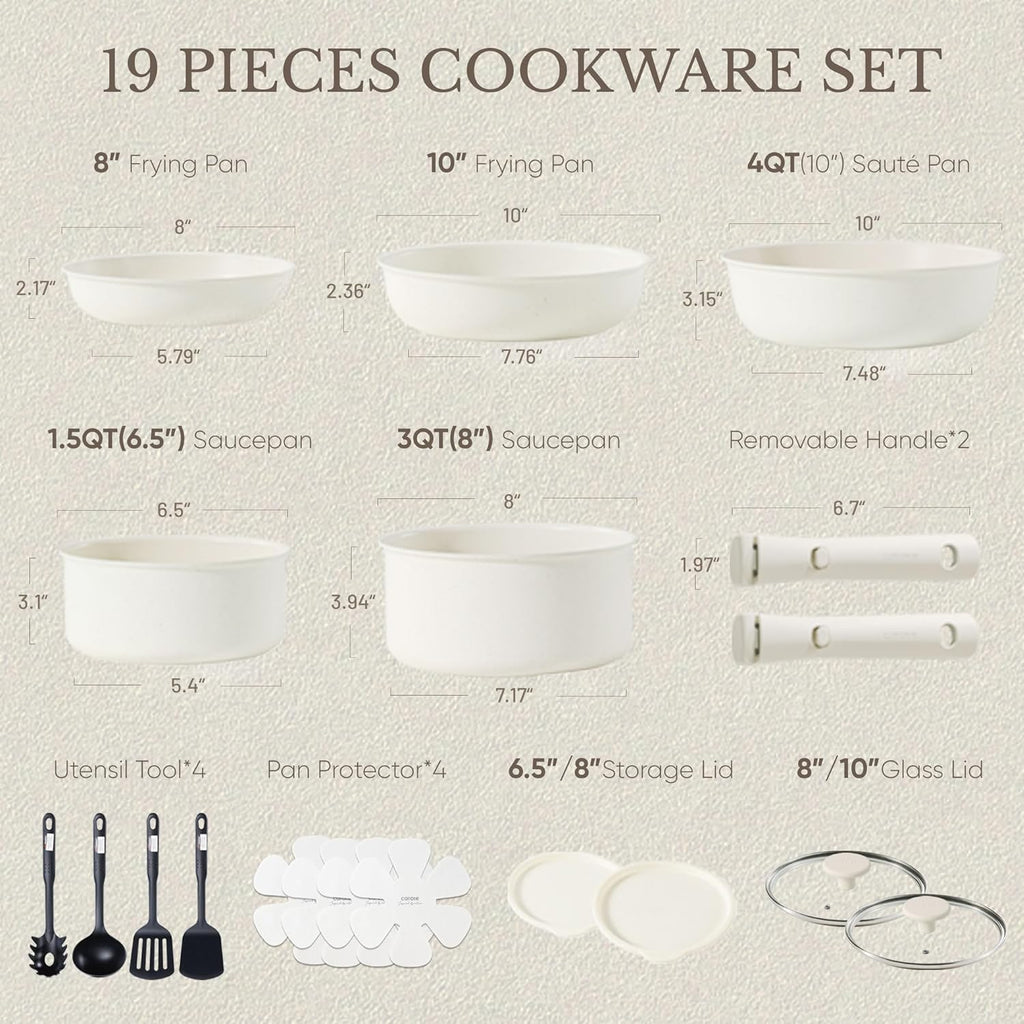 CAROTE 19pcs Pots and Pans Set Non Stick, Detachable Handle Cookware