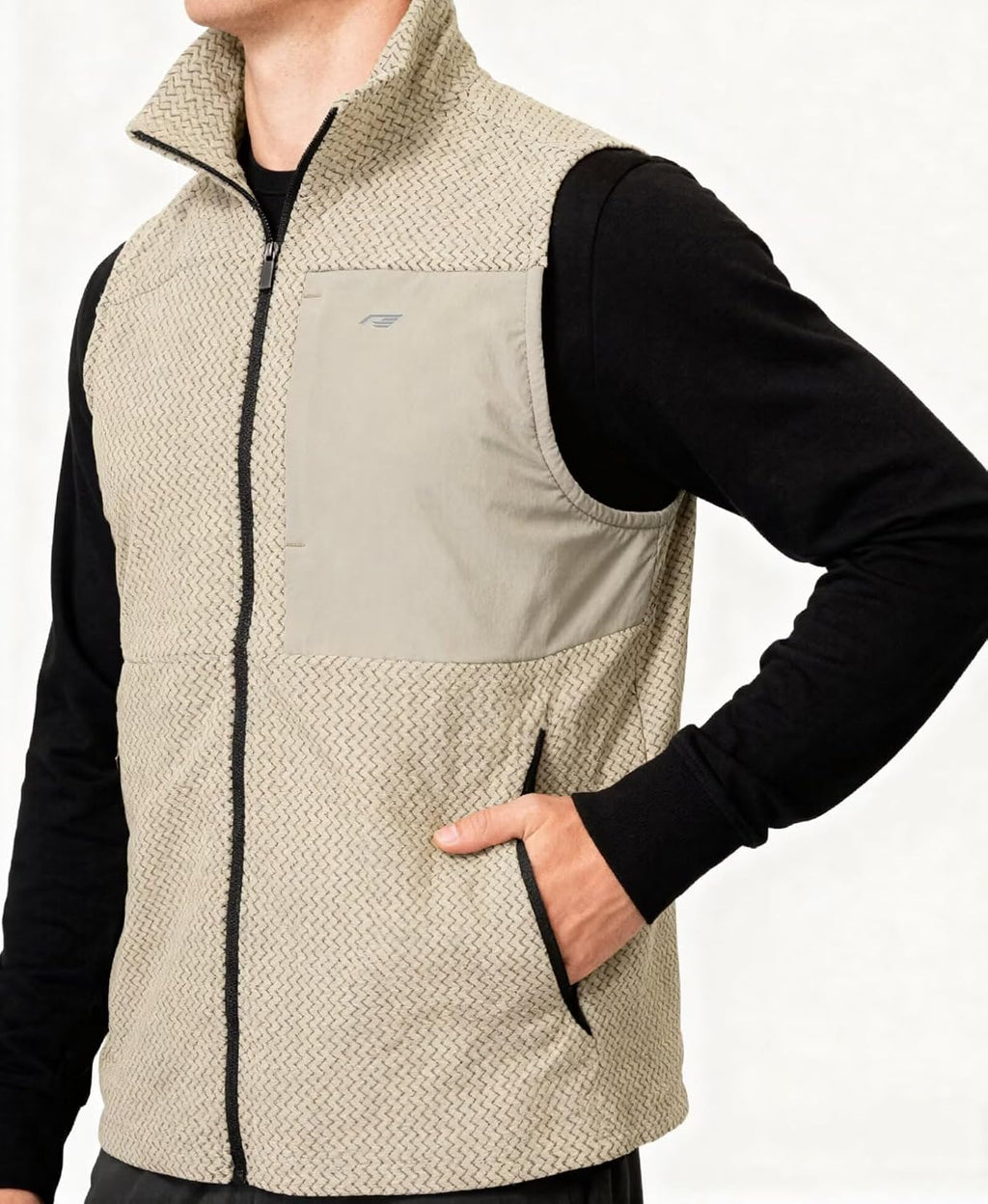 Mens Fleece Vest Mock Neck Full Zip Textured Sleeveless Jacket with Zippered Chest Pocket Active Fit Hiking Golf Top