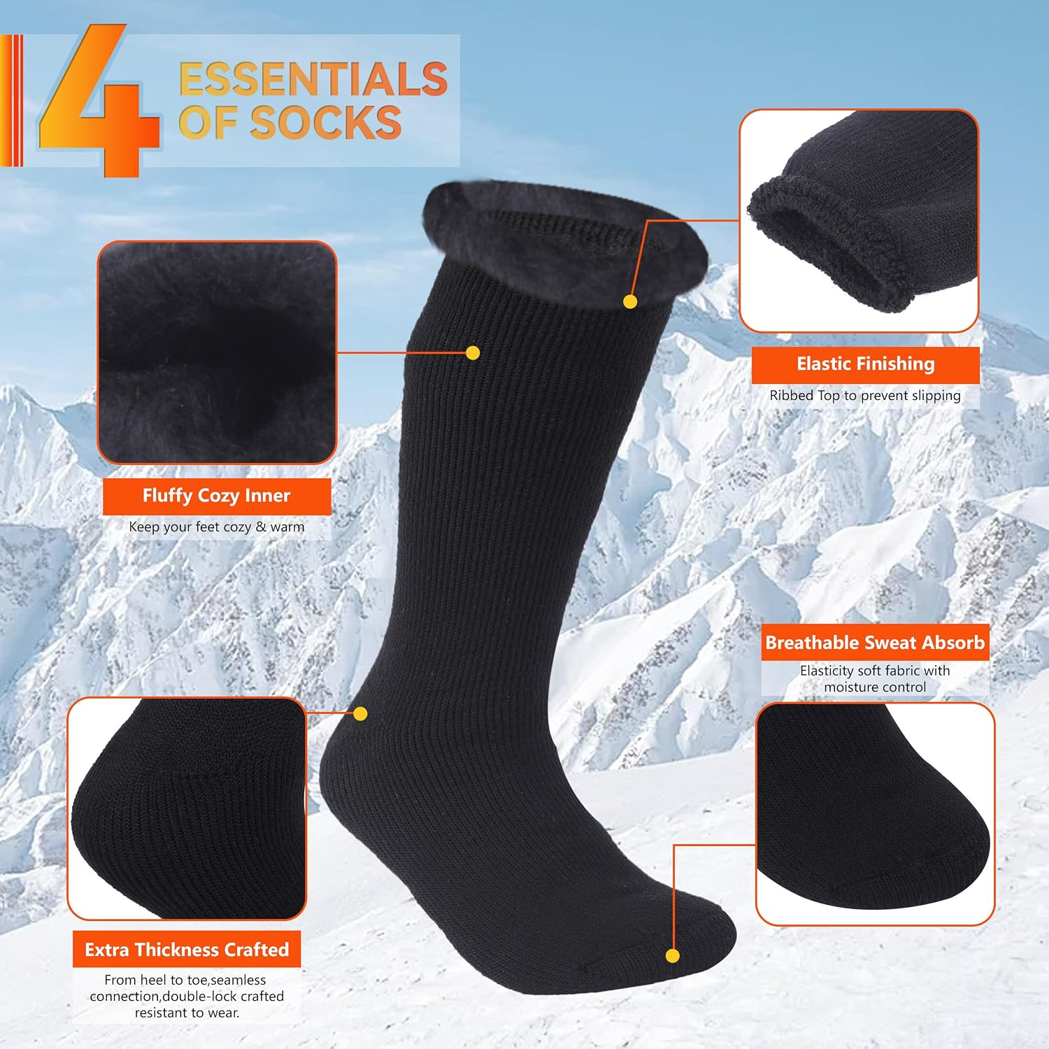 Sunew 4 Pairs Thermal Socks Skiing Snowboarding Hiking Mens Womens 7X Warmer Winter Crew Boot Socks