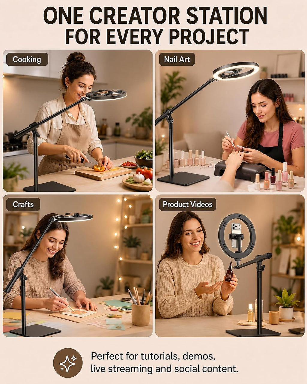 LUXSURE 10" Overhead Ring Light for Desk with Weighted Base, Freestanding Telescopic Phone Mount, Phone Stand with Light & Remote for Video Recording, Cooking, Crafts, Live Streaming