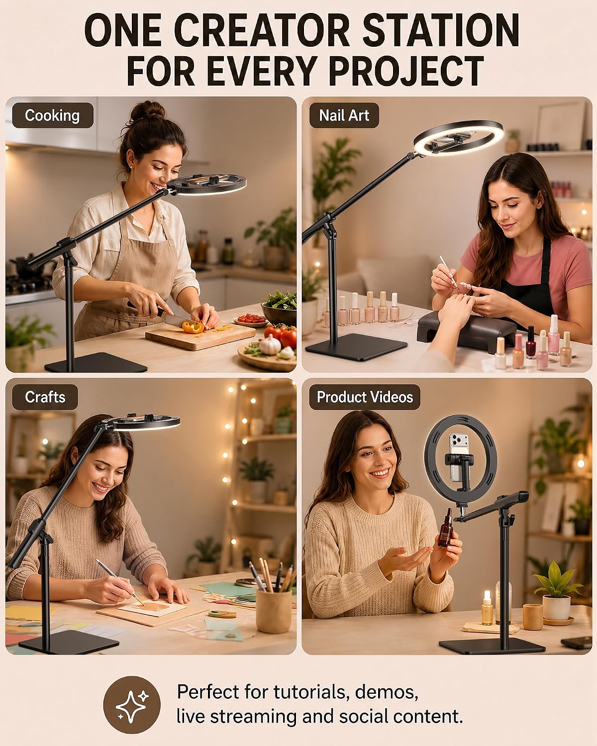 LUXSURE 10" Overhead Ring Light for Desk with Weighted Base, Freestanding Telescopic Phone Mount, Phone Stand with Light & Remote for Video Recording, Cooking, Crafts, Live Streaming