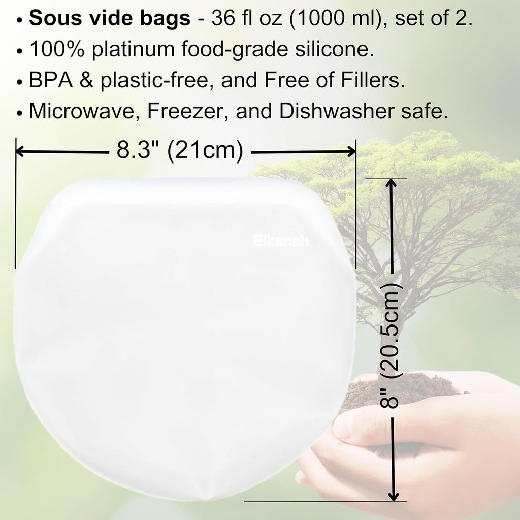 Elkanah Reusable Sous Vide Bags Platinum Silicone BPA-Free Set of 2