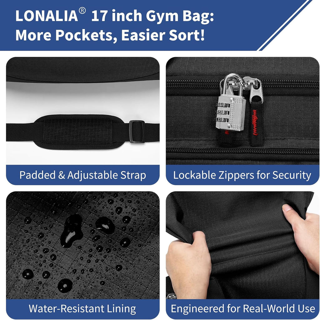 30L Gym Sport Duffle Bag, 17 inch, Black