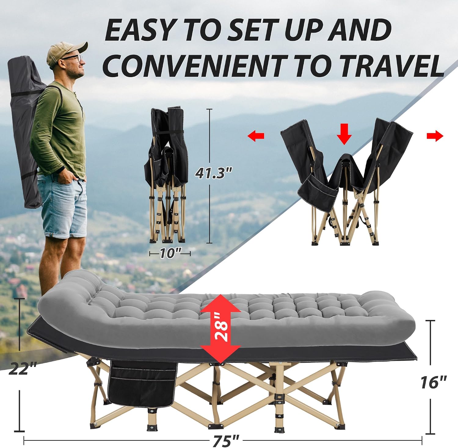 Folding Camping Cot with Mattress for Adults,28" Wide,600LBS