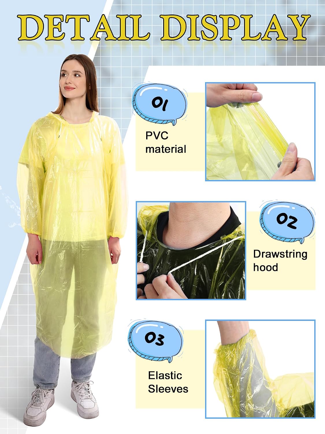 Tarpop 40 Pack Disposable Rain Ponchos Adult Drawstring Hood