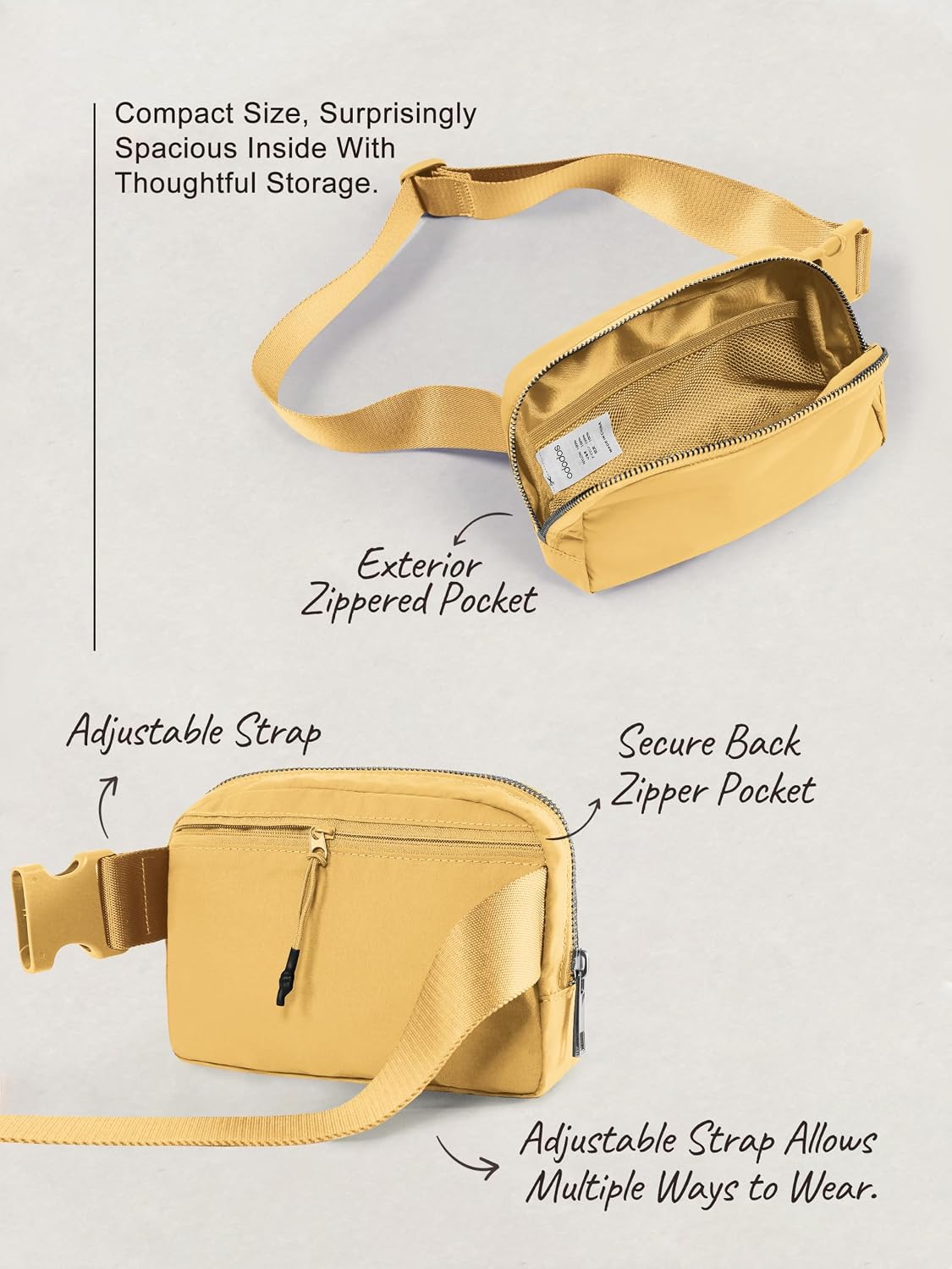 ODODOS Unisex Mini Belt Bag with Adjustable Strap Small Fanny Pack for Workout Running Traveling Hiking, Buff Yellow