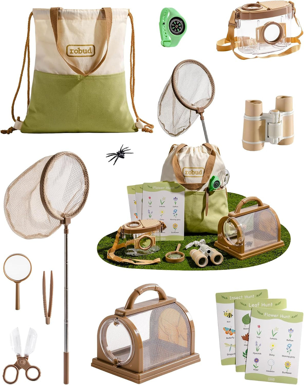ROBUD Upgraded Kids Explorer Kit, Bug Catcher Kit with Wild Adventure Binoculars, Green Outdoor Exploration Set for Camping, Montessroi Toy for Kids Coming Closer to Nature，WRP30