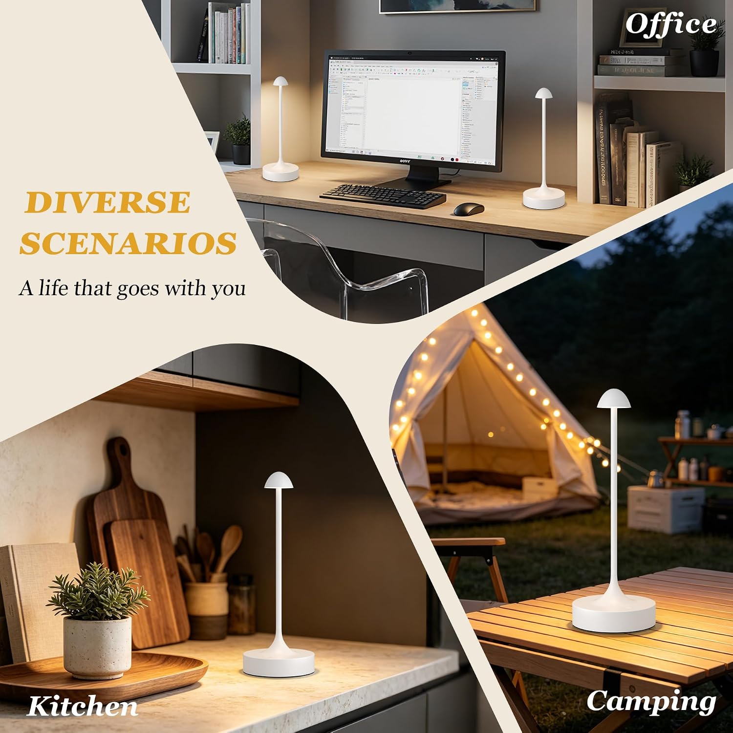 Kakanuo Rechargeable Cordless Table Lamp, Battery Operated Lamps, 3-Color Stepless Dimming, Portable Wireless Desk Lamp, LED Lighting for Dining Room, Restaurant, Office, Bar, Home(White 2 Pack)