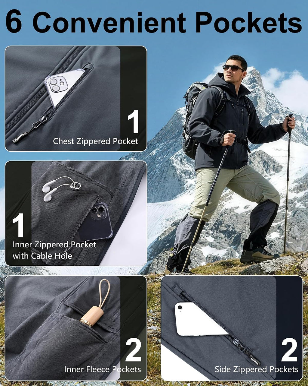Outdoor Ventures Men's Softshell Jacket Waterproof Fleece Rain Shell Coat