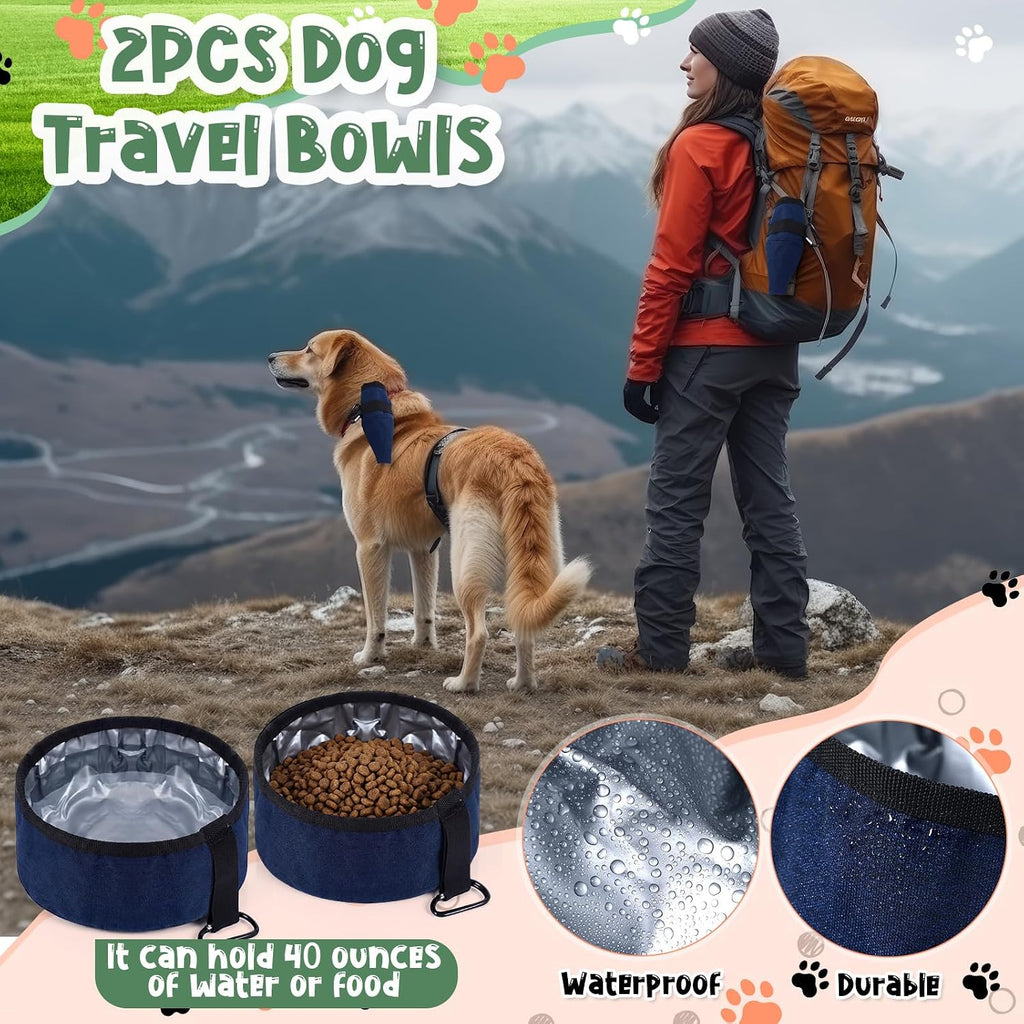 4 Pcs Dog Camping Essentials Set Include 1 Pack 39.4 x 29.5 Inch Foldable Dog Bed 2 Pcs Portable Collapsible Dogs Bowls 1 Pack 50 ft Heavy Duty Pet Tie Out Cable for Camping Travel Outdoor Activities