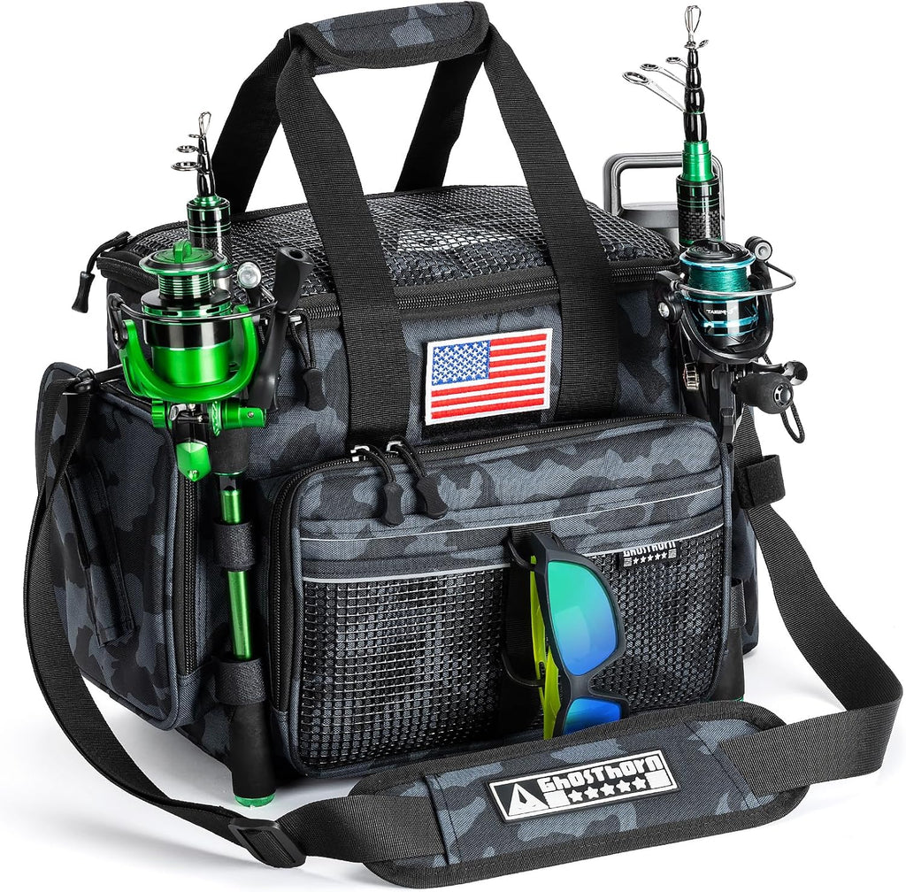 Ghosthorn Large Fishing Tackle Bag with Rod Holder Waterproof Gear Storage