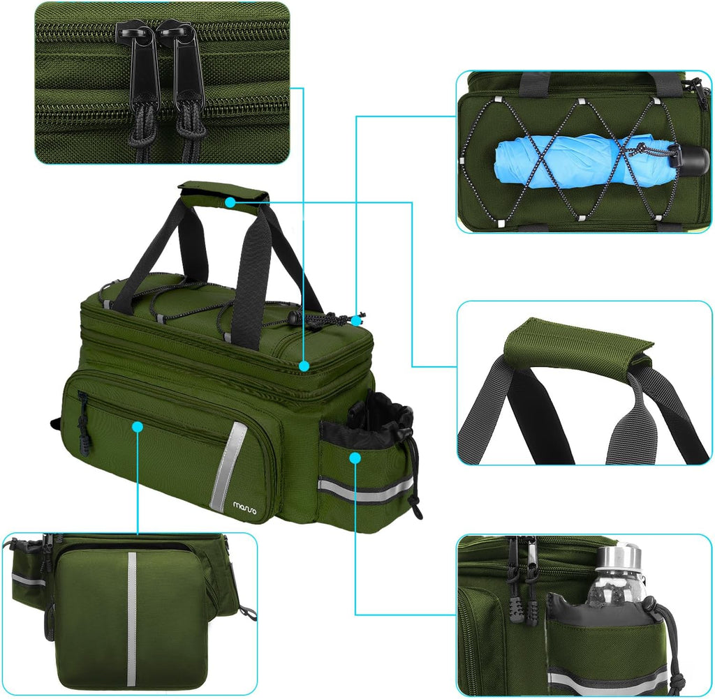 MOSISO Bike Rack Bag with Rain Cover, Bike Trunk Cooler Handag,Army Green | Insulated Bicycle Rear Seat Pouch with 2 Side Foldable Panniers, 8L Cycling Backseat Storage Cargo Saddle Shoulder Bag