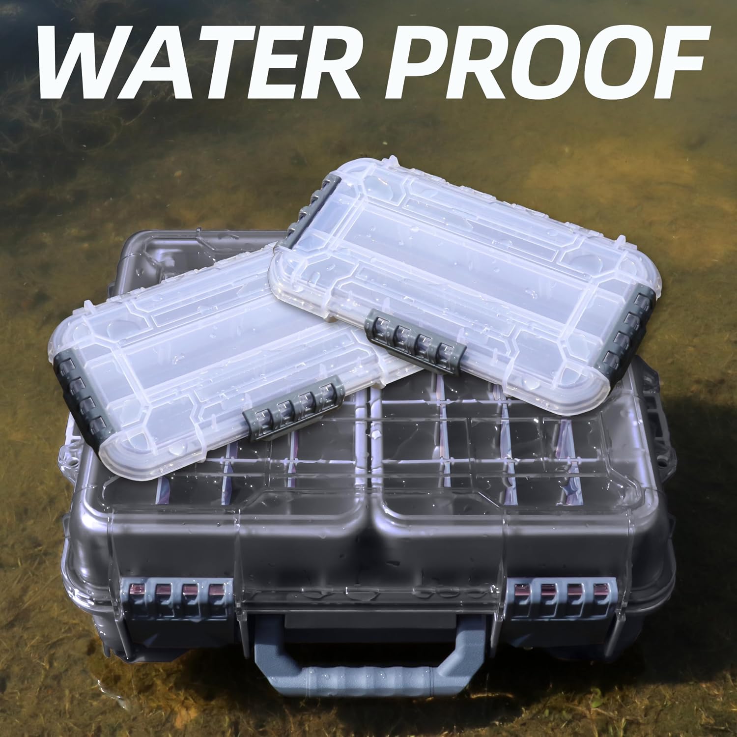 RUNCL Universal Fishing Tackle Box with Two Small Tackle Tray, Removal Inside Design Waterproof Trunk Storage Box, Thicker Floating Airtight Stowaway, Xmas Surprise Fishing Gifts for Men Women