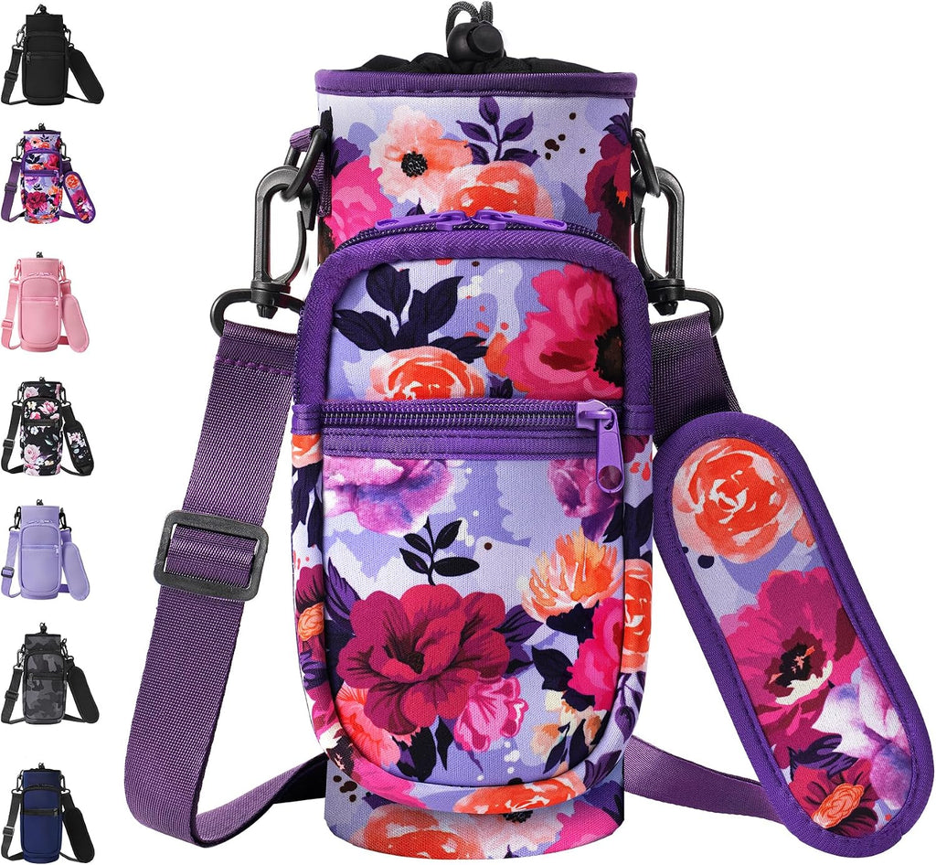 AceTreker 32 40 oz Water Bottle Carrier with Strap, Neoprene Water Bottle Sleeve Bag with 2 Pockets Insulated Flask Sling Holder for Walking Hiking Gym