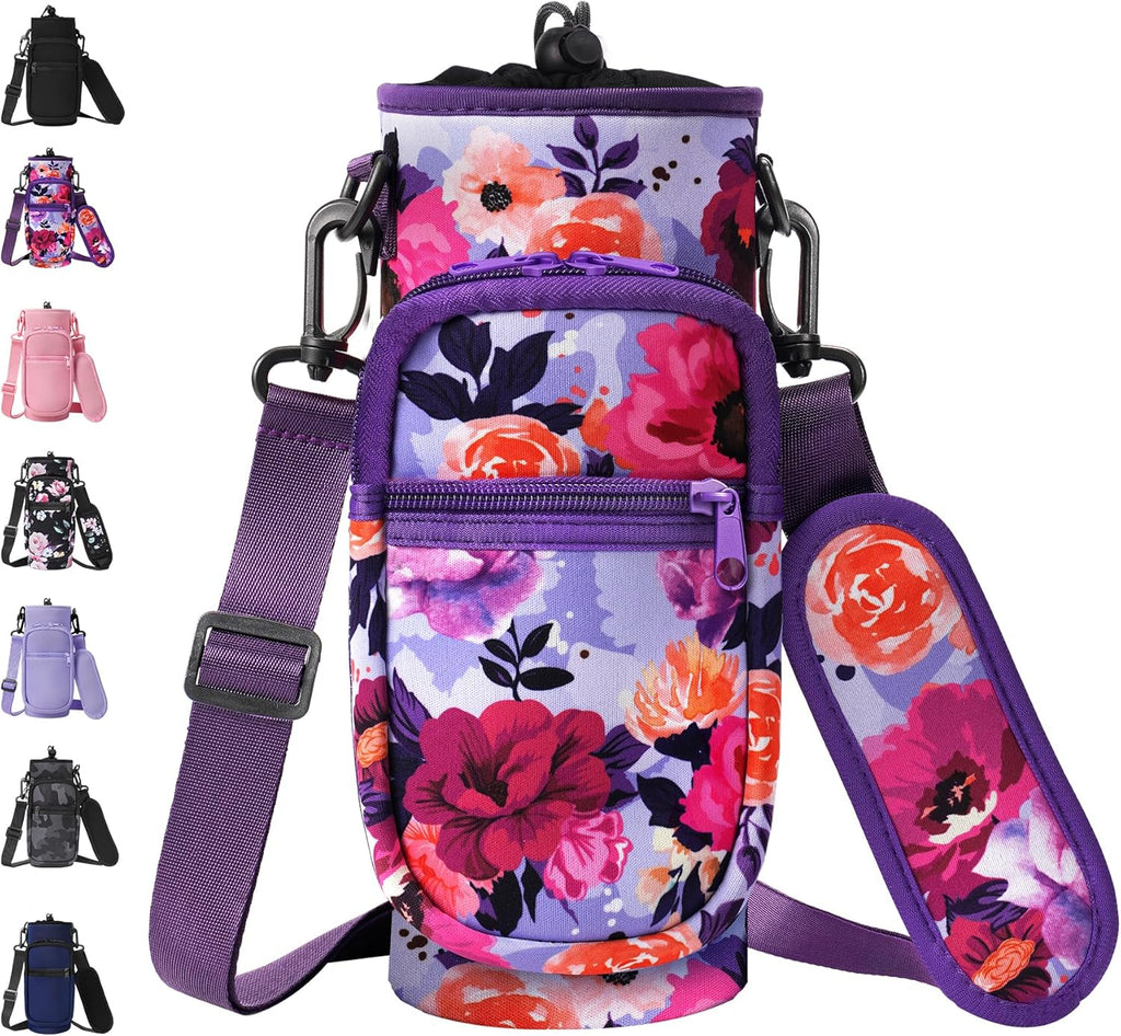 AceTreker 32 40 oz Water Bottle Carrier with Strap, Neoprene Water Bottle Sleeve Bag with 2 Pockets Insulated Flask Sling Holder for Walking Hiking Gym